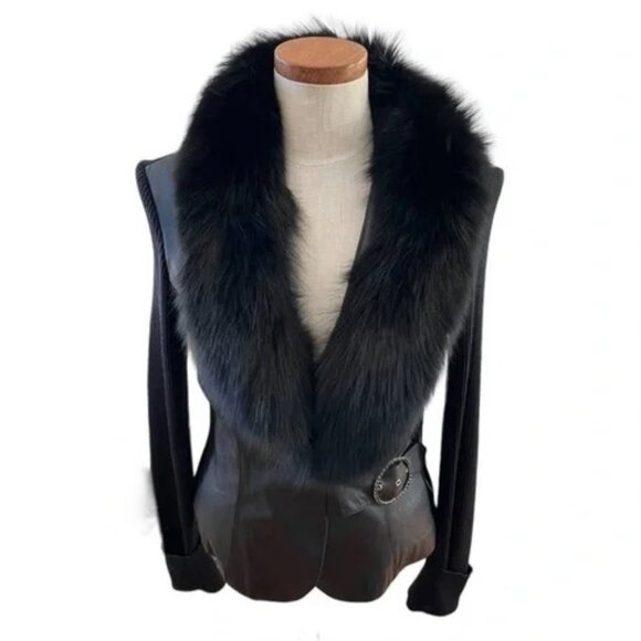 Cache Black Leather Dressy Blazer Jacket Detachable Fox Fur Trim Collar Medium - Picture 1 of 16